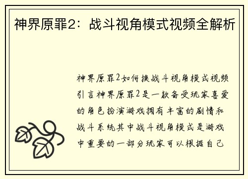 神界原罪2：战斗视角模式视频全解析
